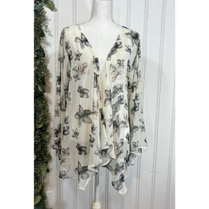 White Floral Sheer Open Front Top LARGE Long Sleeve Cardigan Fairy Boho Feminine